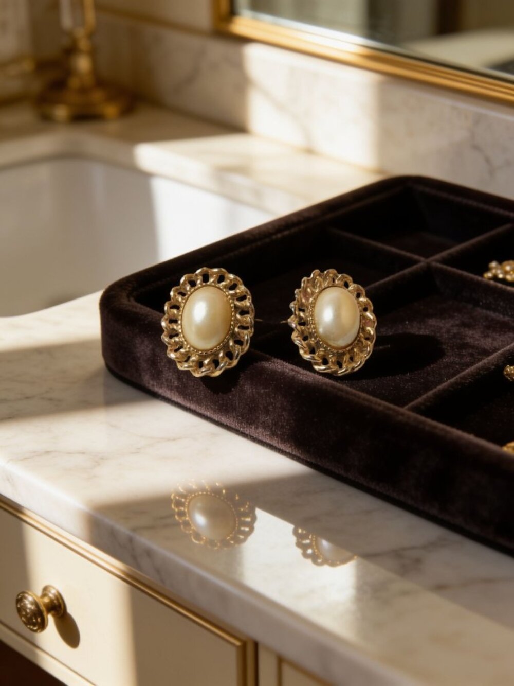 vintage gold tone pearlized acrylic oval stud earrings